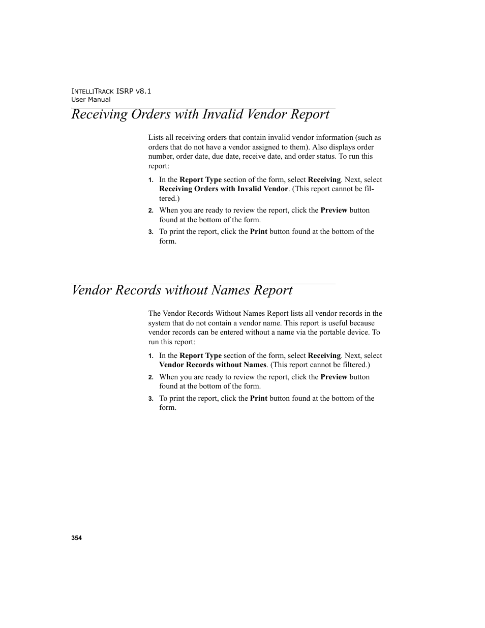 Receiving orders with invalid vendor report, Vendor records without names report | IntelliTrack Inventory Shipping Receiving Picking (ISRP) User Manual | Page 382 / 398