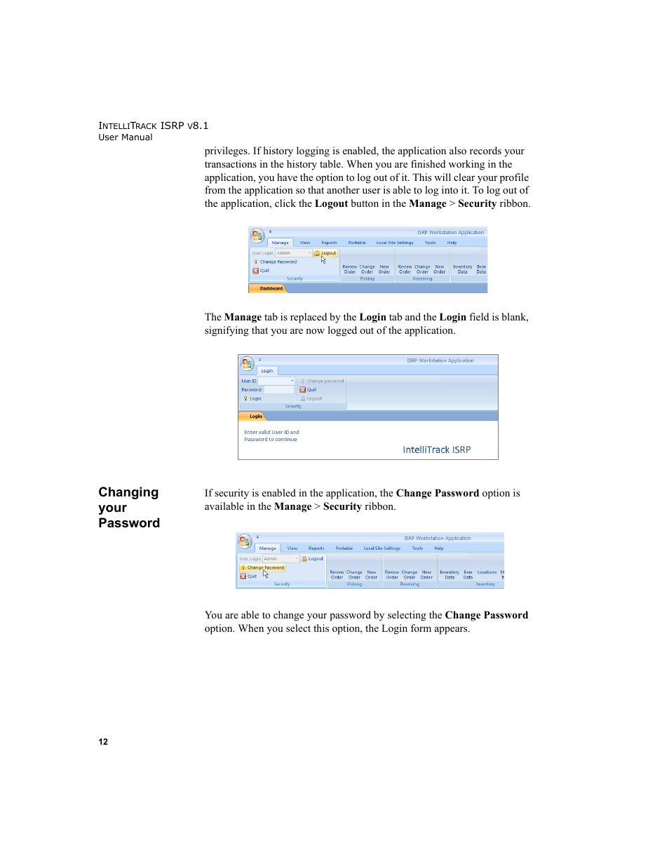 Changing your password | IntelliTrack Inventory Shipping Receiving Picking (ISRP) User Manual | Page 40 / 398