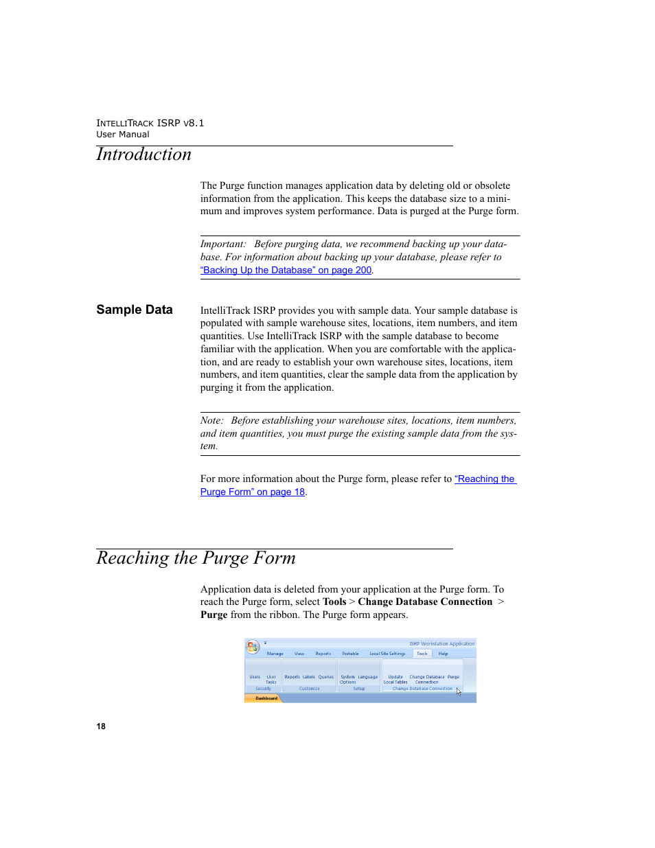 Introduction, Sample data, Reaching the purge form | IntelliTrack Inventory Shipping Receiving Picking (ISRP) User Manual | Page 46 / 398