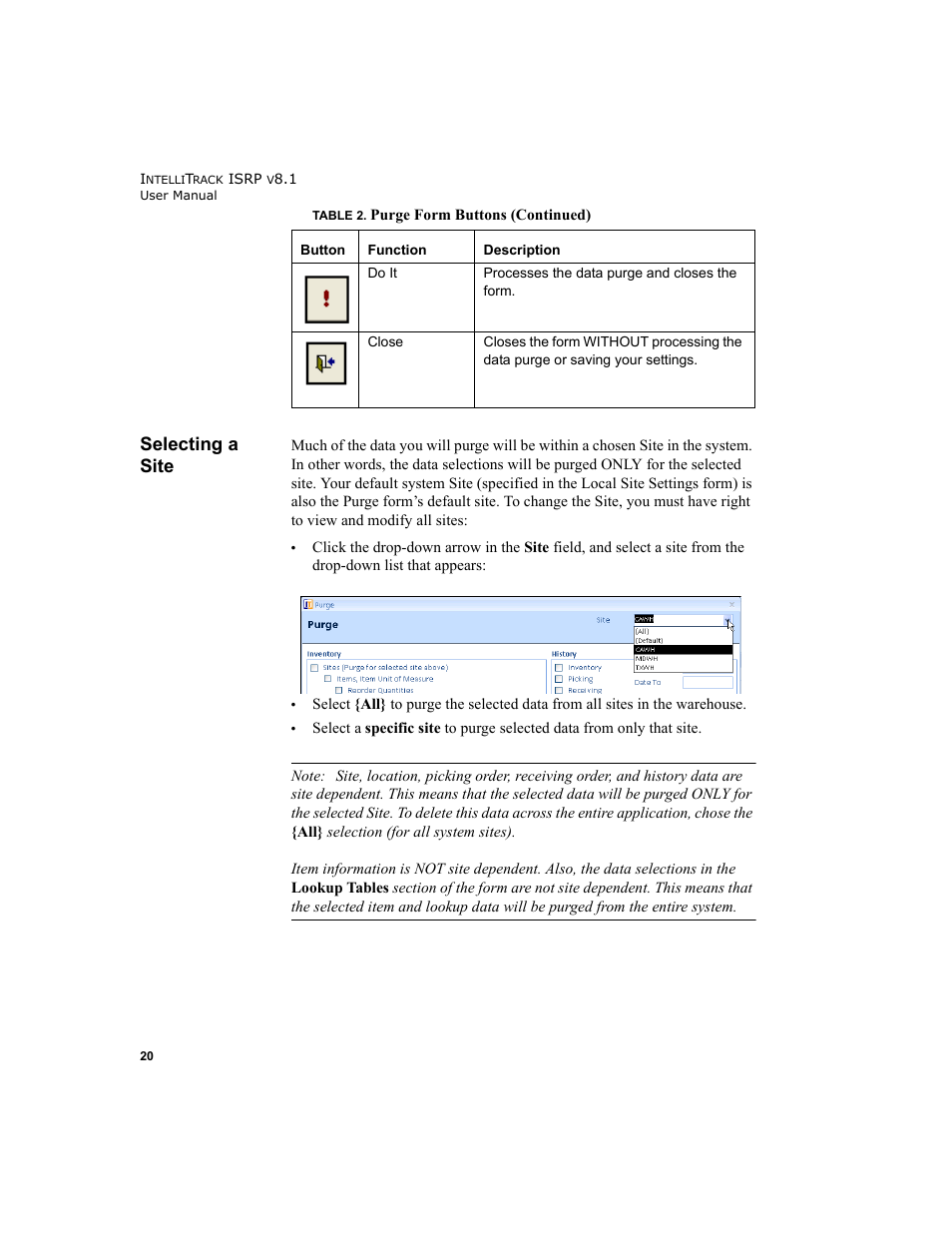 Selecting a site | IntelliTrack Inventory Shipping Receiving Picking (ISRP) User Manual | Page 48 / 398