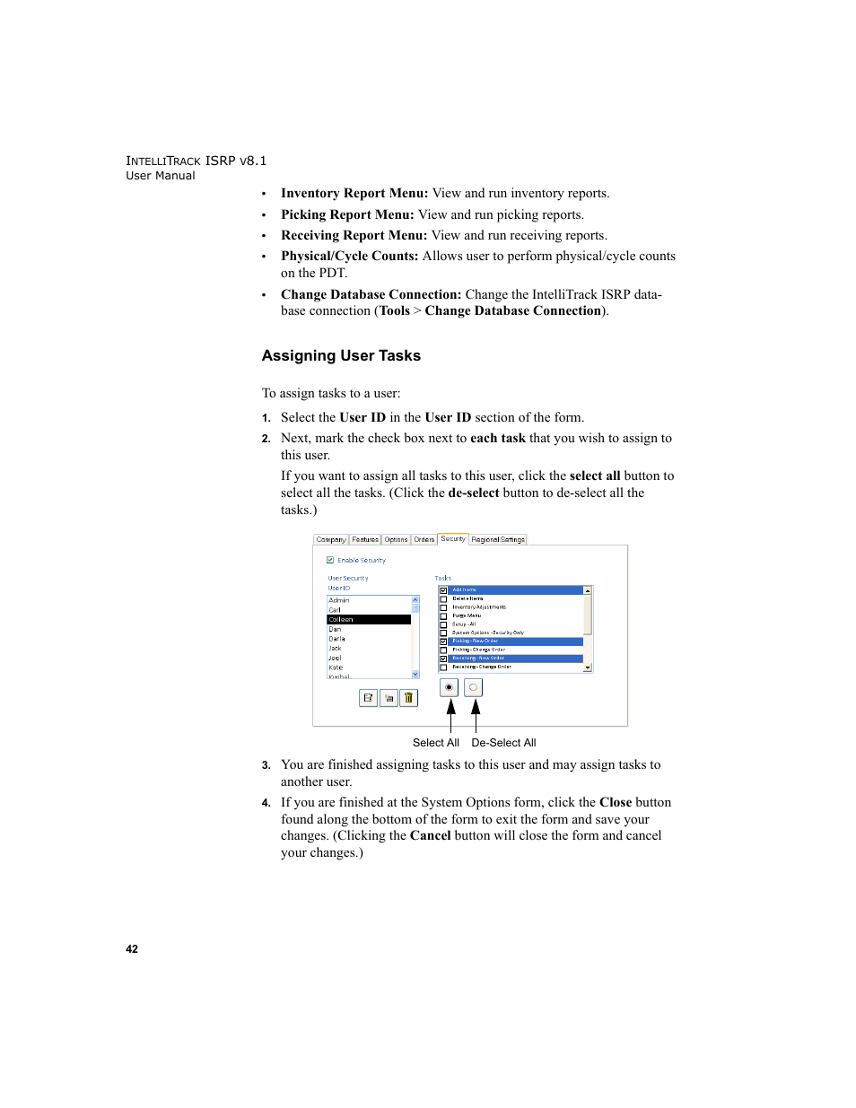 Assigning user tasks | IntelliTrack Inventory Shipping Receiving Picking (ISRP) User Manual | Page 70 / 398