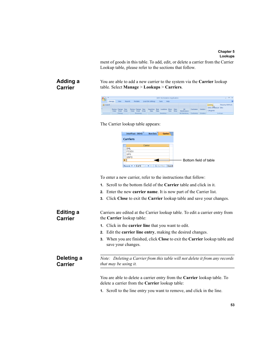 Adding a carrier, Editing a carrier, Deleting a carrier | IntelliTrack Inventory Shipping Receiving Picking (ISRP) User Manual | Page 81 / 398