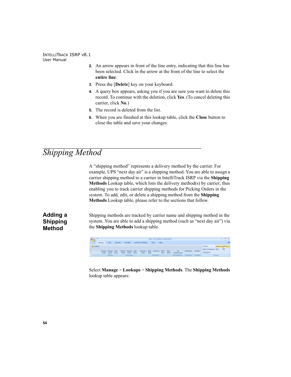 Shipping method, Adding a shipping method | IntelliTrack Inventory Shipping Receiving Picking (ISRP) User Manual | Page 82 / 398