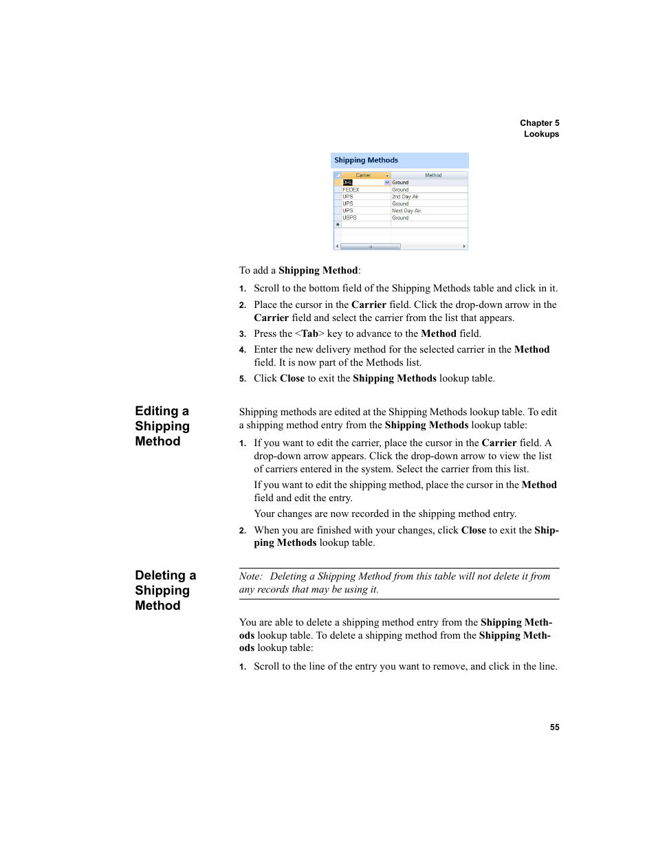 Editing a shipping method, Deleting a shipping method | IntelliTrack Inventory Shipping Receiving Picking (ISRP) User Manual | Page 83 / 398