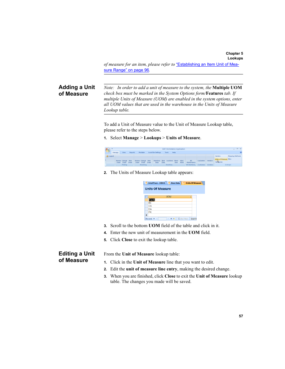 Adding a unit of measure, Editing a unit of measure | IntelliTrack Inventory Shipping Receiving Picking (ISRP) User Manual | Page 85 / 398