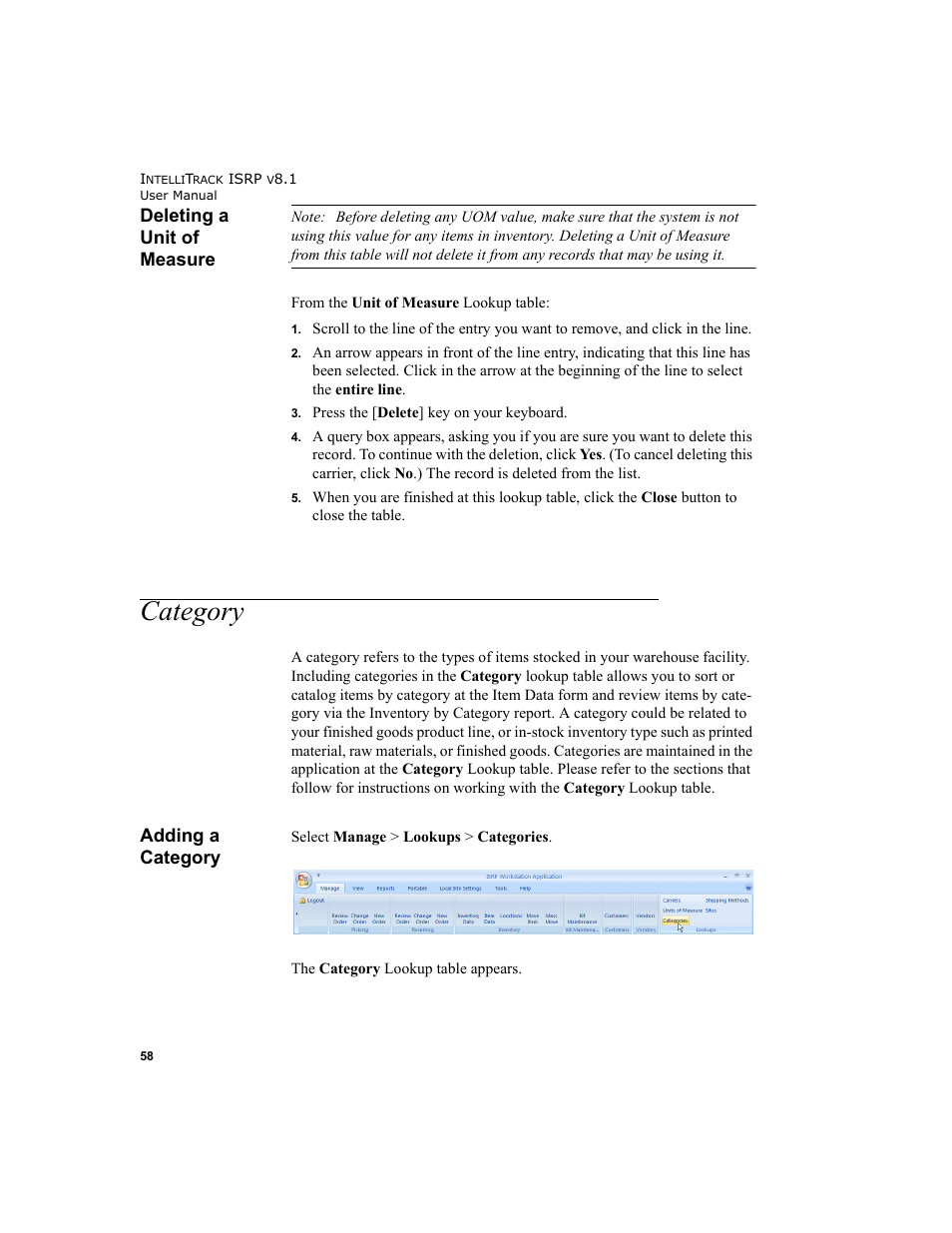 Deleting a unit of measure, Category, Adding a category | IntelliTrack Inventory Shipping Receiving Picking (ISRP) User Manual | Page 86 / 398