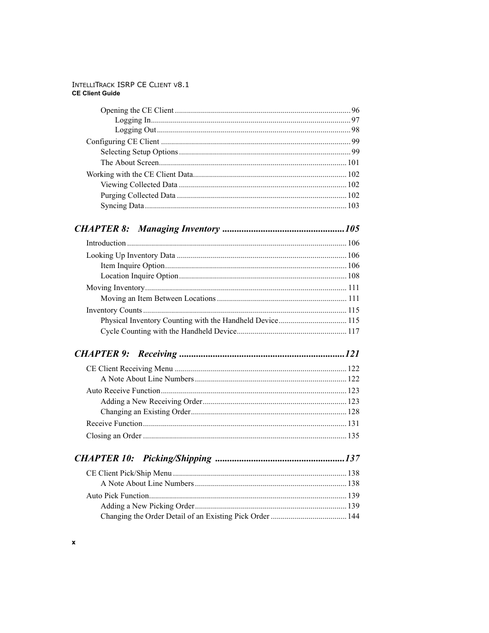 Chapter 8: managing inventory, Chapter 9: receiving, Chapter 10: picking/shipping | IntelliTrack Inventory Shipping Receiving Picking (ISRP) User Manual | Page 10 / 172