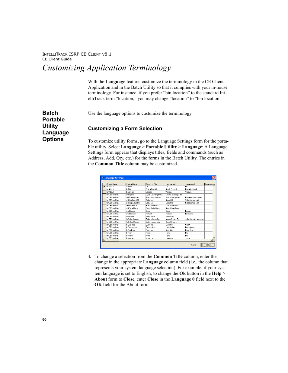 Customizing application terminology, Batch portable utility language options, Customizing a form selection | IntelliTrack Inventory Shipping Receiving Picking (ISRP) User Manual | Page 72 / 172