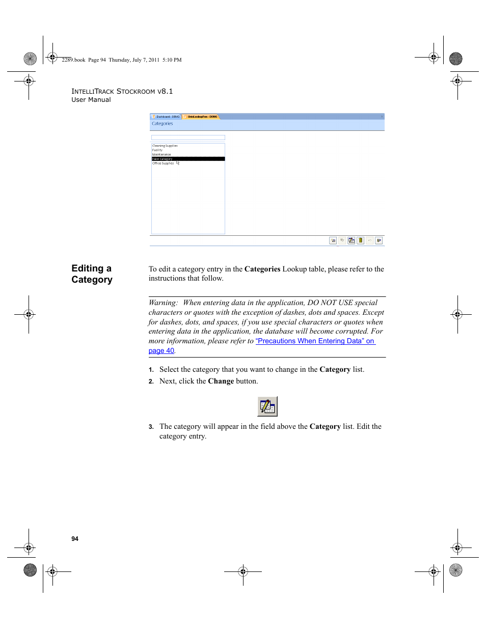 Editing a category | IntelliTrack Stockroom Inventory User Manual | Page 122 / 424