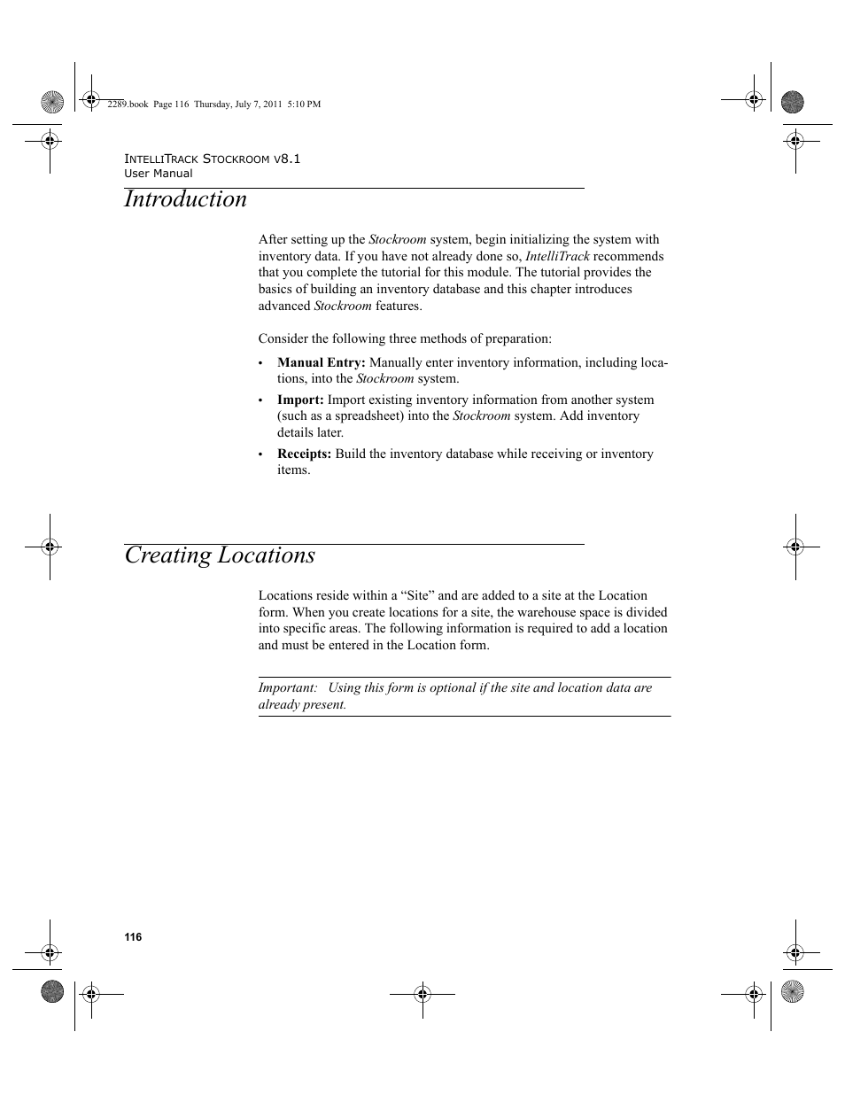 Introduction, Creating locations, Introduction creating locations | IntelliTrack Stockroom Inventory User Manual | Page 144 / 424