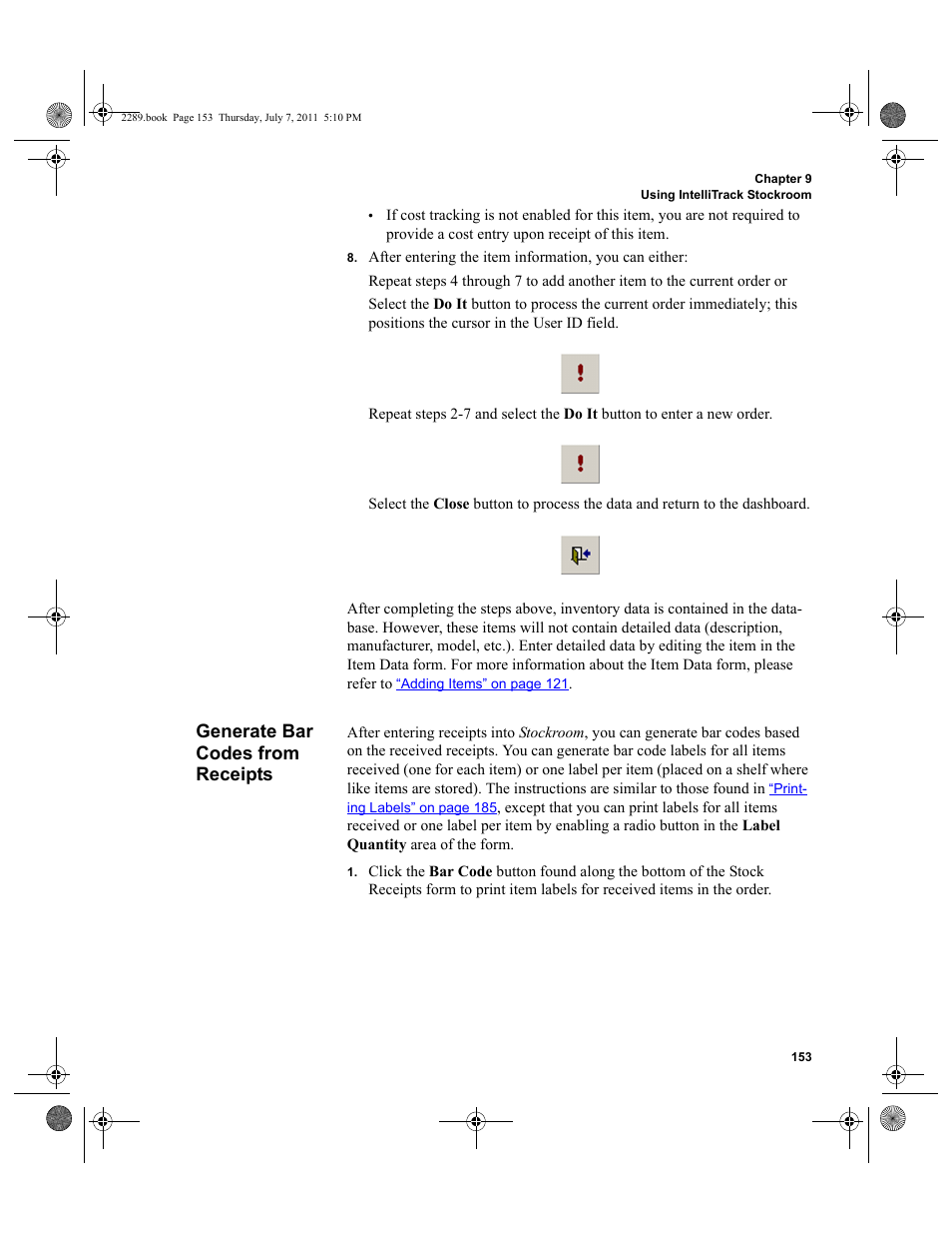 Generate bar codes from receipts | IntelliTrack Stockroom Inventory User Manual | Page 181 / 424
