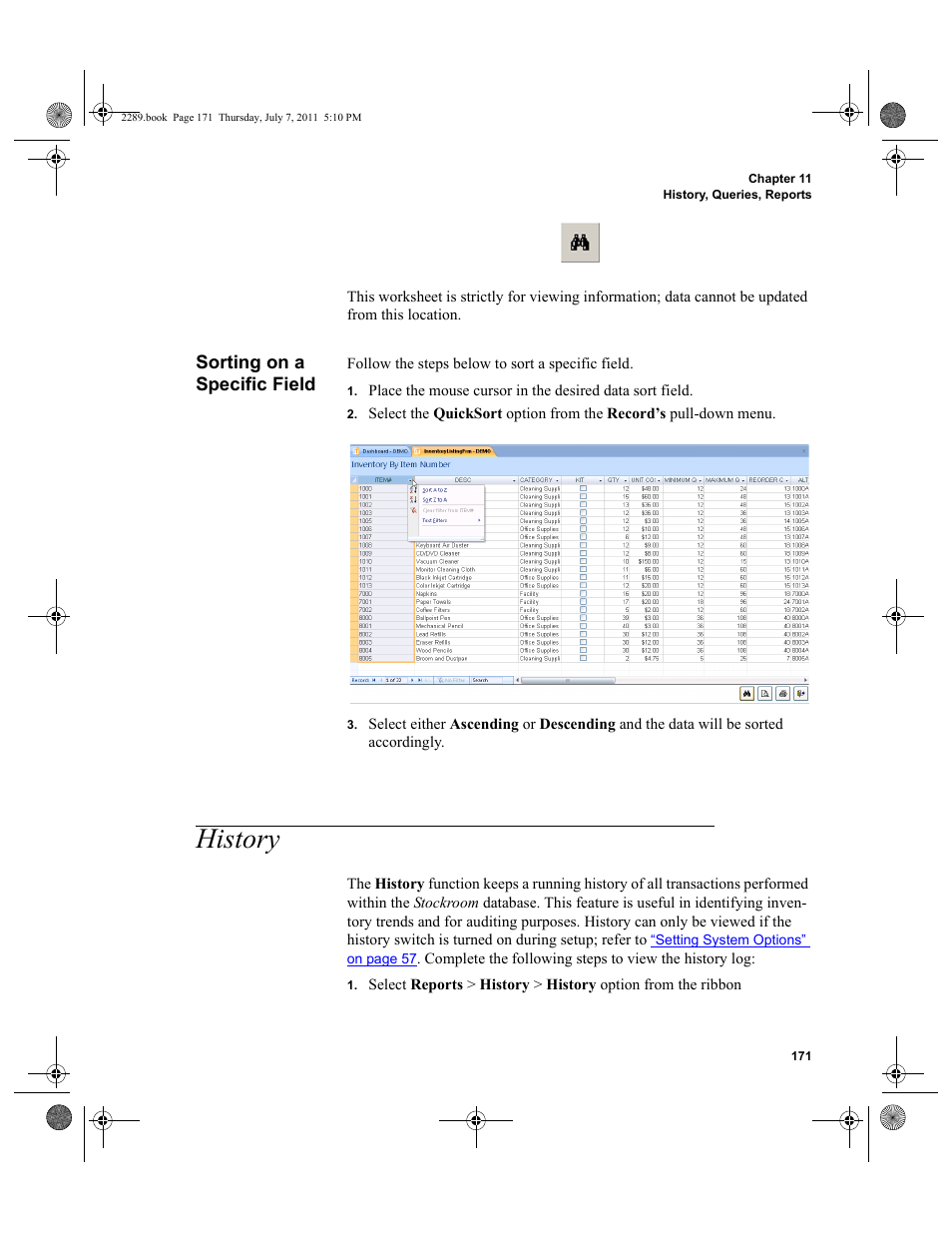 Sorting on a specific field, History | IntelliTrack Stockroom Inventory User Manual | Page 199 / 424
