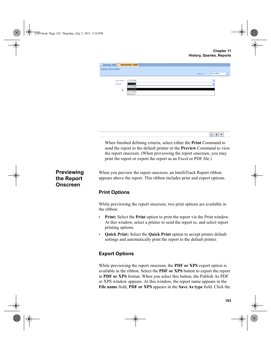 Previewing the report onscreen, Print options export options | IntelliTrack Stockroom Inventory User Manual | Page 211 / 424