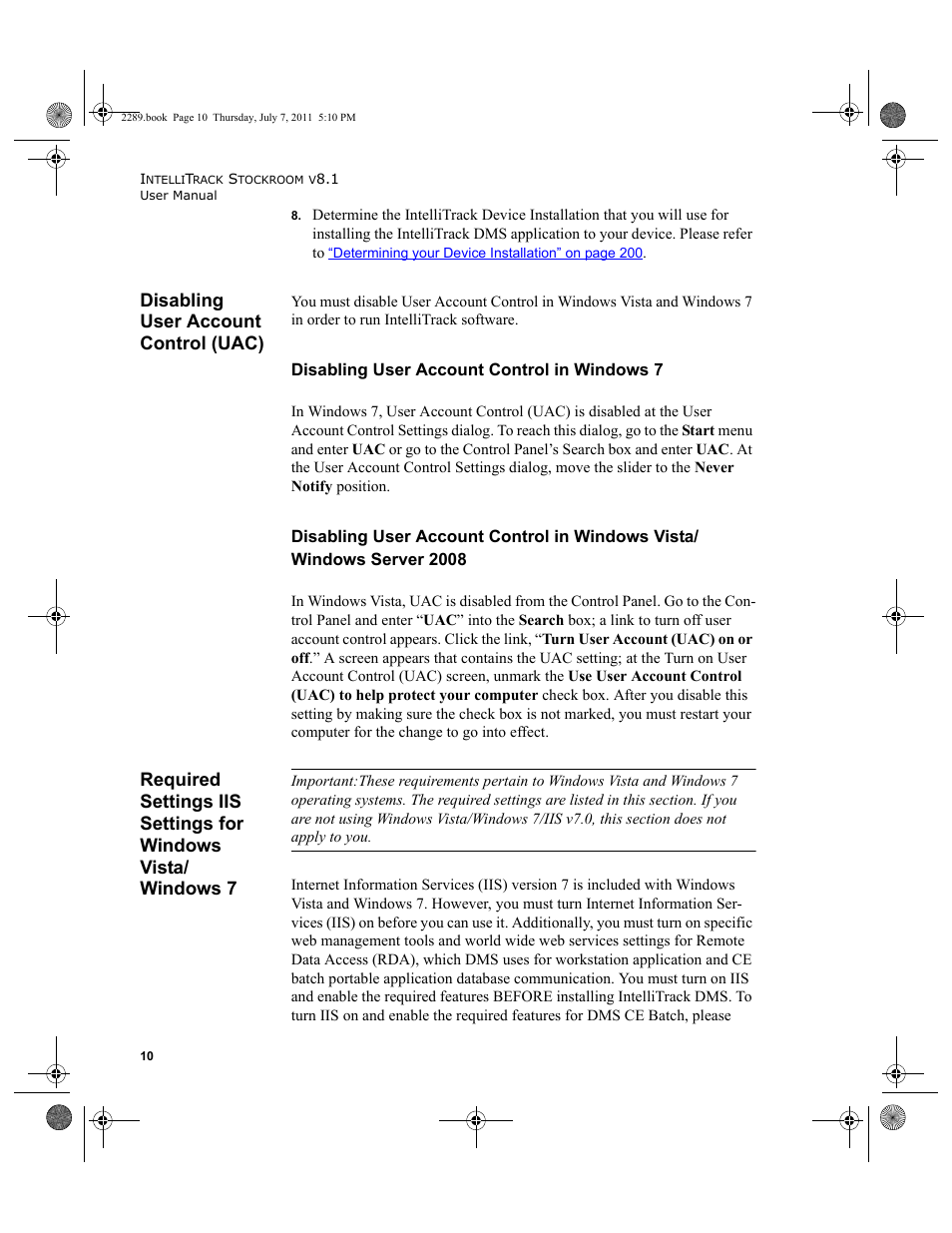 Disabling user account control (uac), Required settings iis settings for windows vista, Windows 7 | Required | IntelliTrack Stockroom Inventory User Manual | Page 38 / 424
