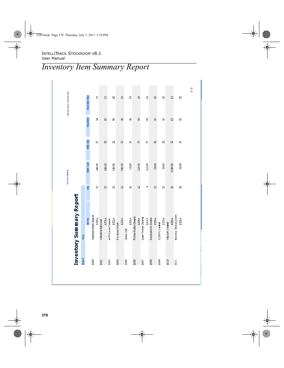 Inventory item summary report | IntelliTrack Stockroom Inventory User Manual | Page 406 / 424