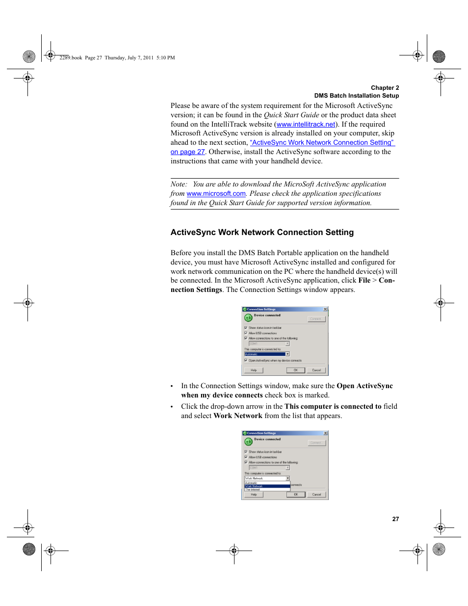 Activesync work network connection setting, R to | IntelliTrack Stockroom Inventory User Manual | Page 55 / 424