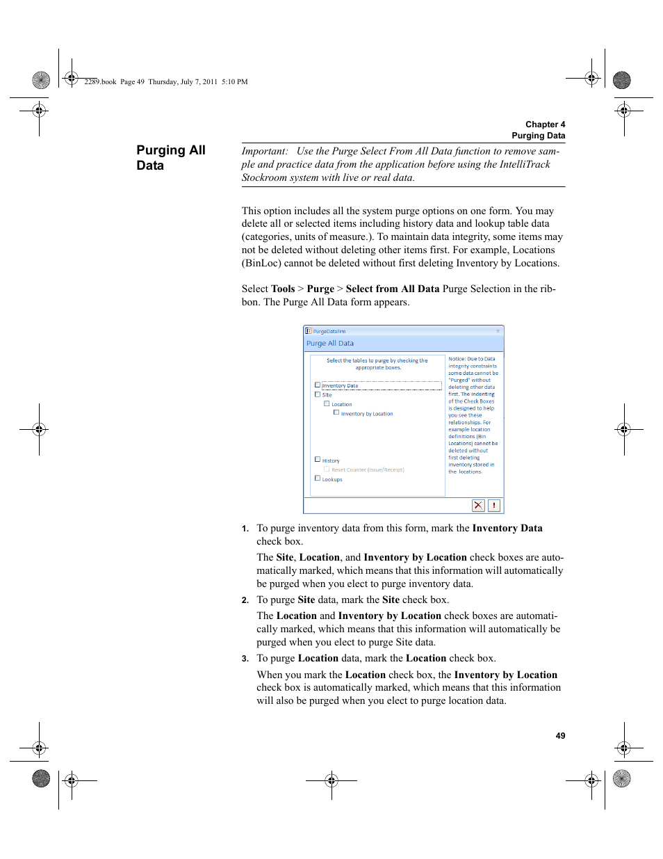 Purging all data | IntelliTrack Stockroom Inventory User Manual | Page 77 / 424