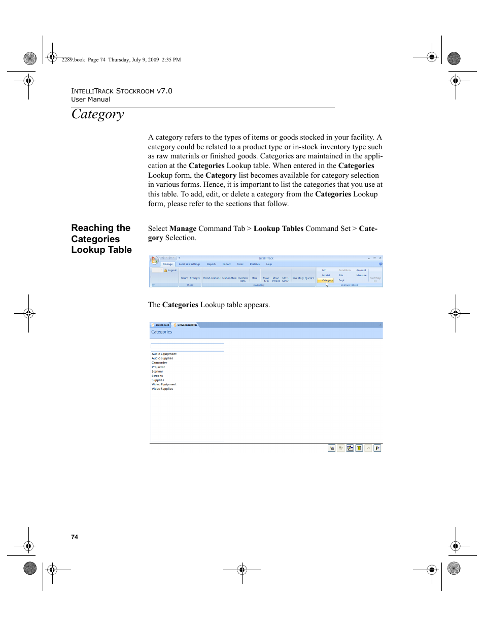 Category, Reaching the categories lookup table, Category 74 | Reaching the categories lookup table 74 | IntelliTrack Stockroom Inventory User Manual | Page 102 / 380