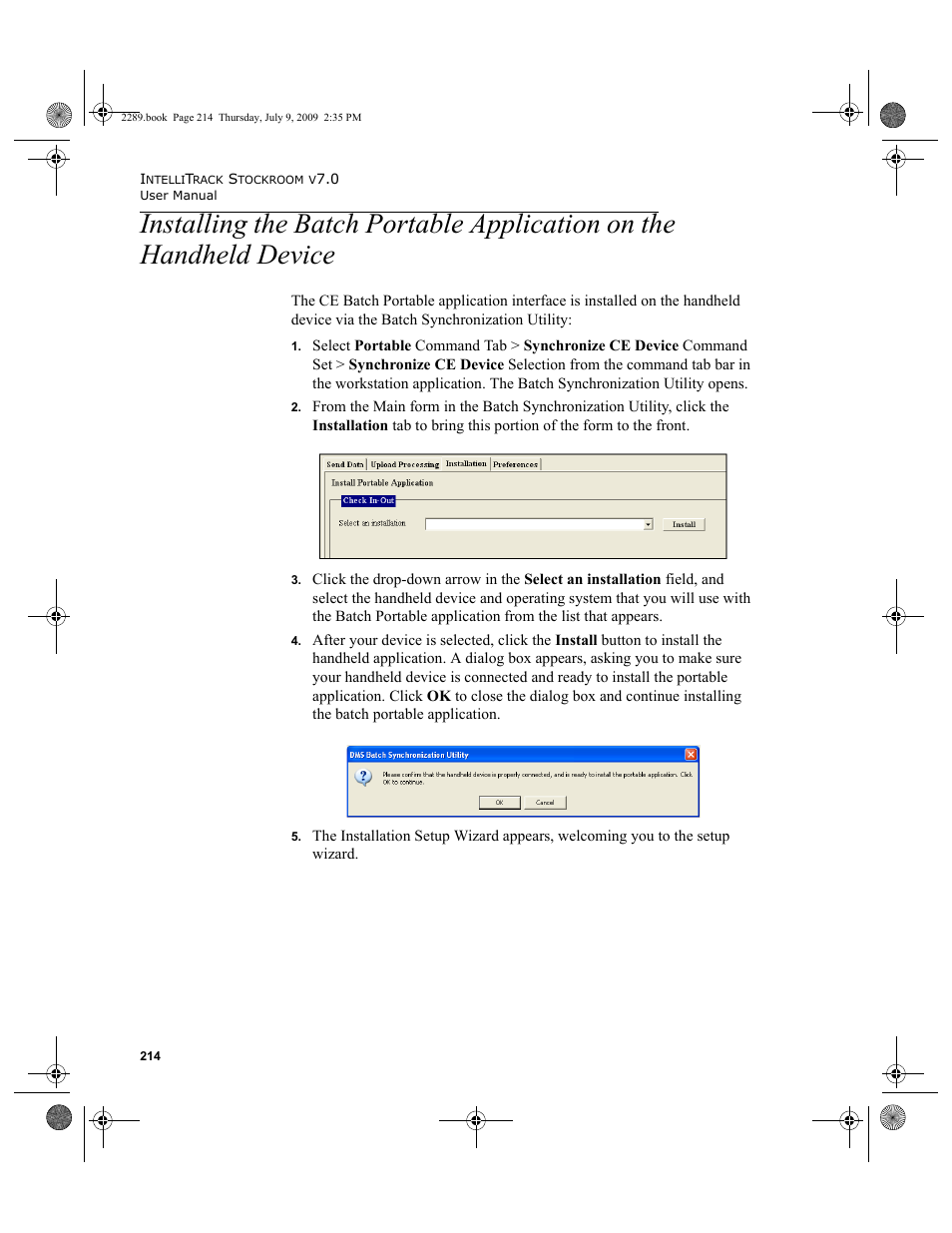 Installing the, Installing the batch portable application on the, Handheld device 214 | IntelliTrack Stockroom Inventory User Manual | Page 242 / 380