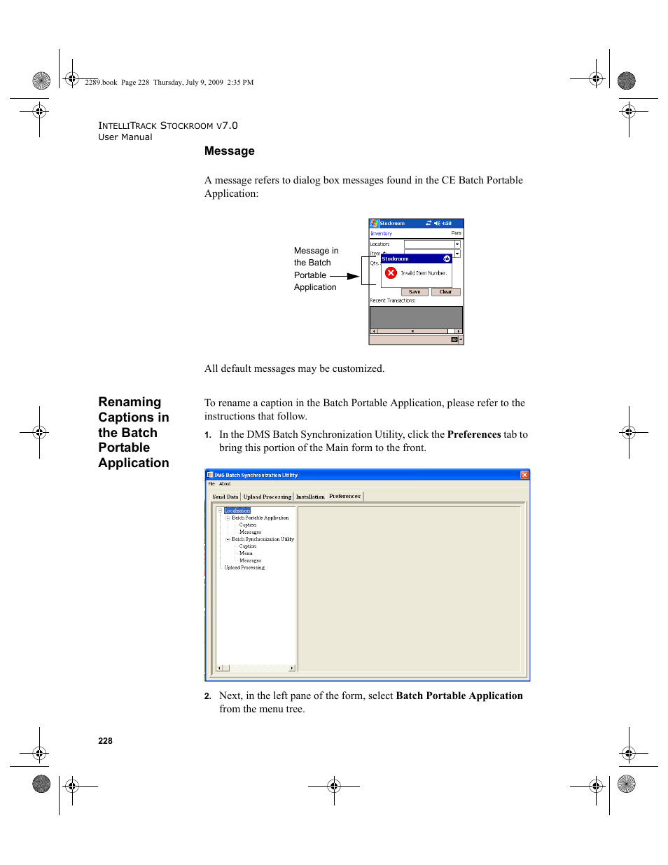 Message, Renaming captions in the batch portable, Application 228 | IntelliTrack Stockroom Inventory User Manual | Page 256 / 380