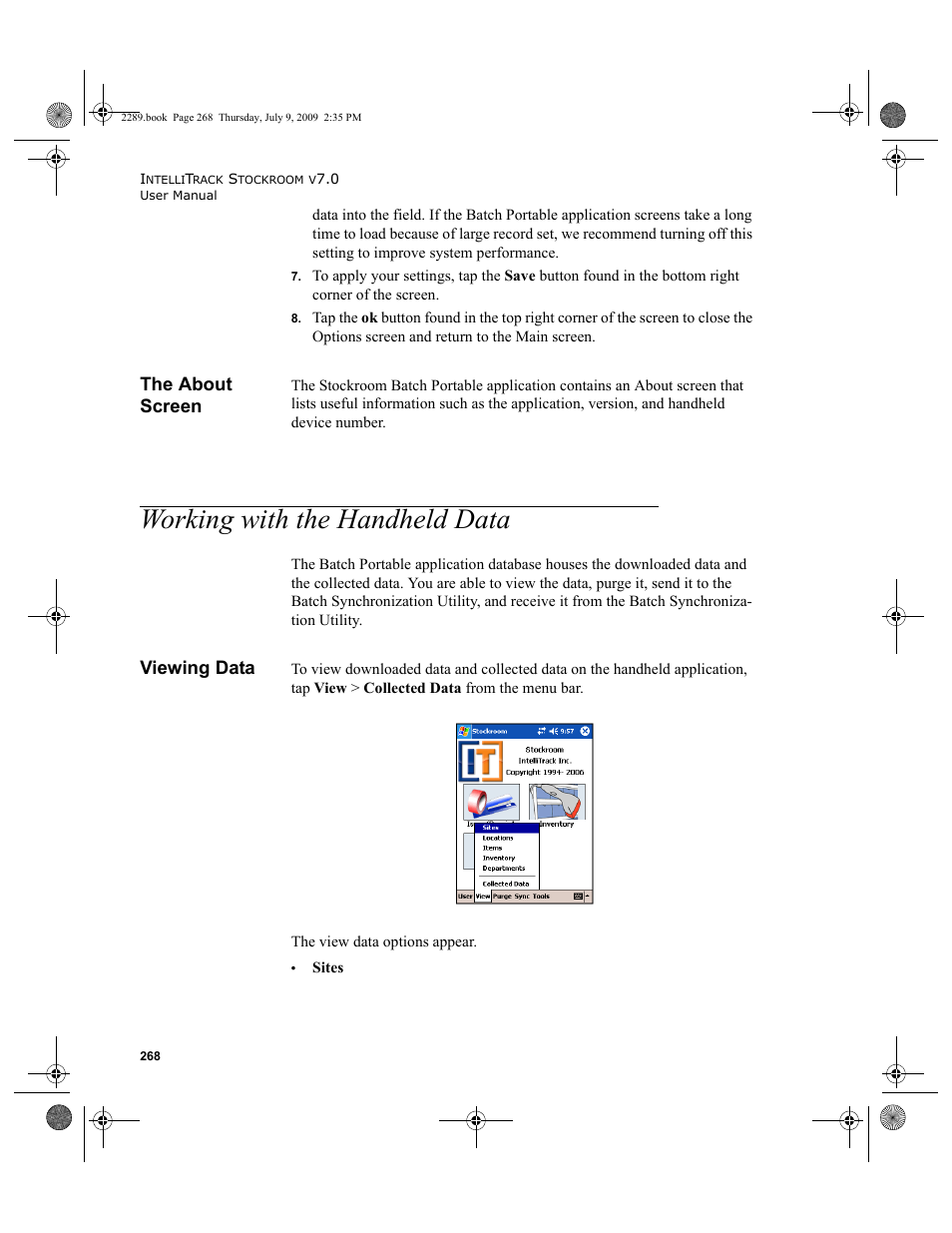 The about screen, Working with the handheld data, Viewing data | The about screen 268, Working with the handheld data 268, Viewing data 268 | IntelliTrack Stockroom Inventory User Manual | Page 296 / 380