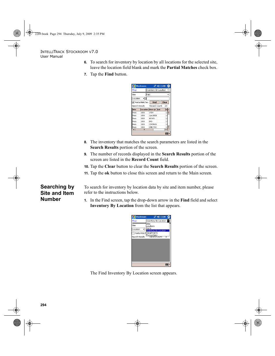 Searching by site and item number, Searching by site and item number 294 | IntelliTrack Stockroom Inventory User Manual | Page 322 / 380