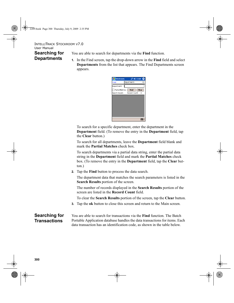 Searching for departments, Searching for transactions | IntelliTrack Stockroom Inventory User Manual | Page 328 / 380