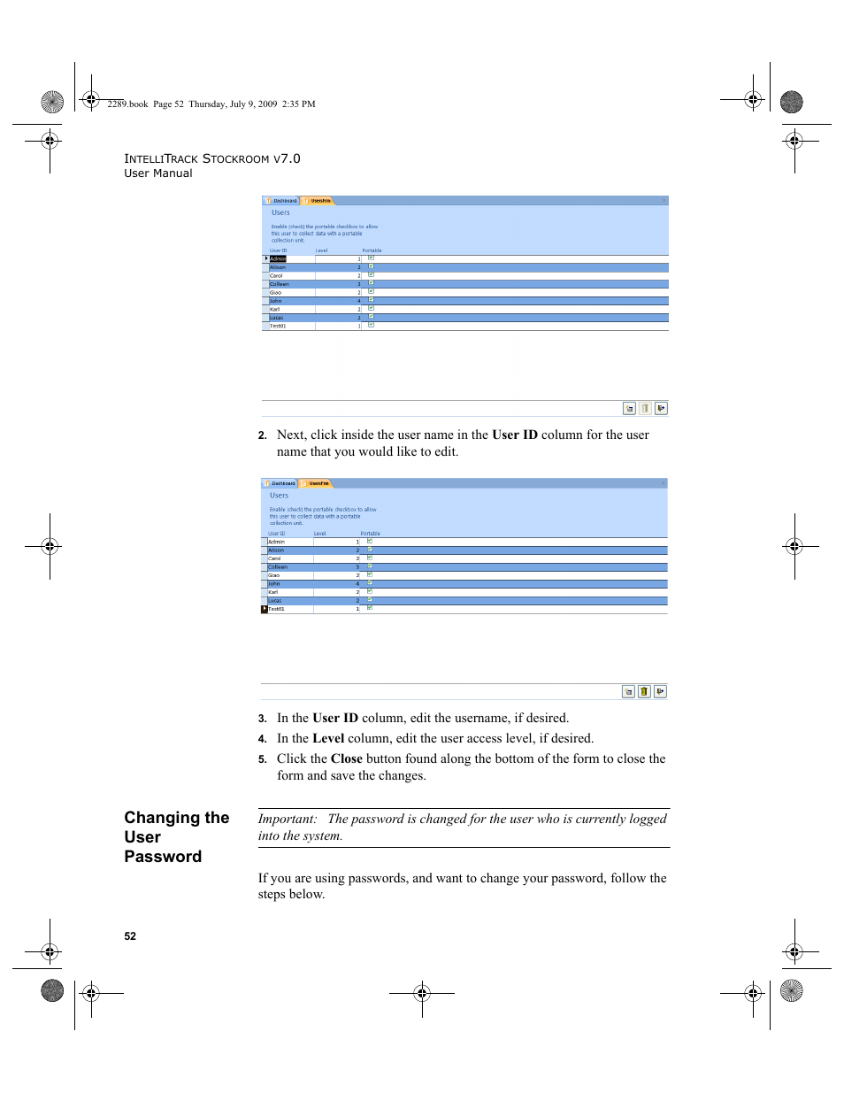 Changing the user password, Changing the user password 52 | IntelliTrack Stockroom Inventory User Manual | Page 80 / 380