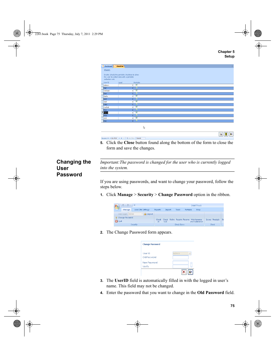 Changing the user password | IntelliTrack Check In/Out User Manual | Page 105 / 564