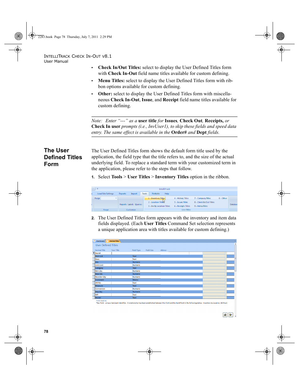 The user defined titles form | IntelliTrack Check In/Out User Manual | Page 108 / 564