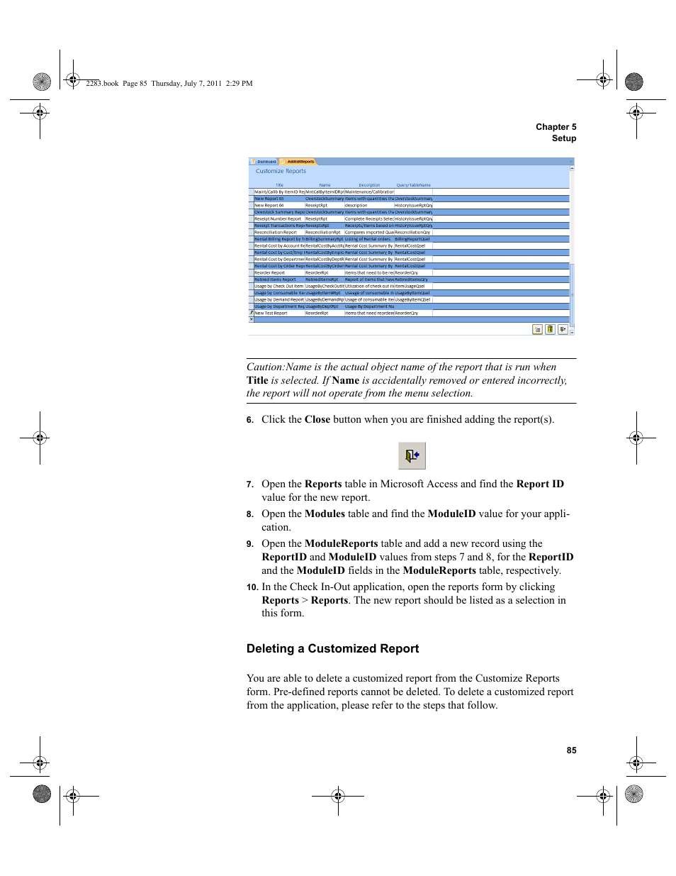 Deleting a customized report | IntelliTrack Check In/Out User Manual | Page 115 / 564