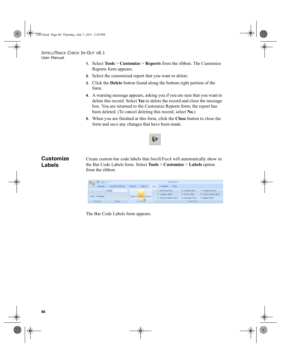 Customize labels | IntelliTrack Check In/Out User Manual | Page 116 / 564