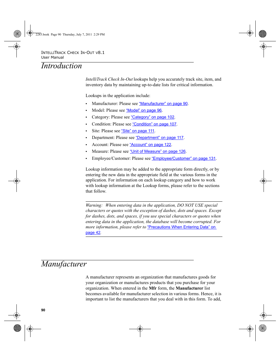 Introduction, Manufacturer, Introduction manufacturer | IntelliTrack Check In/Out User Manual | Page 120 / 564