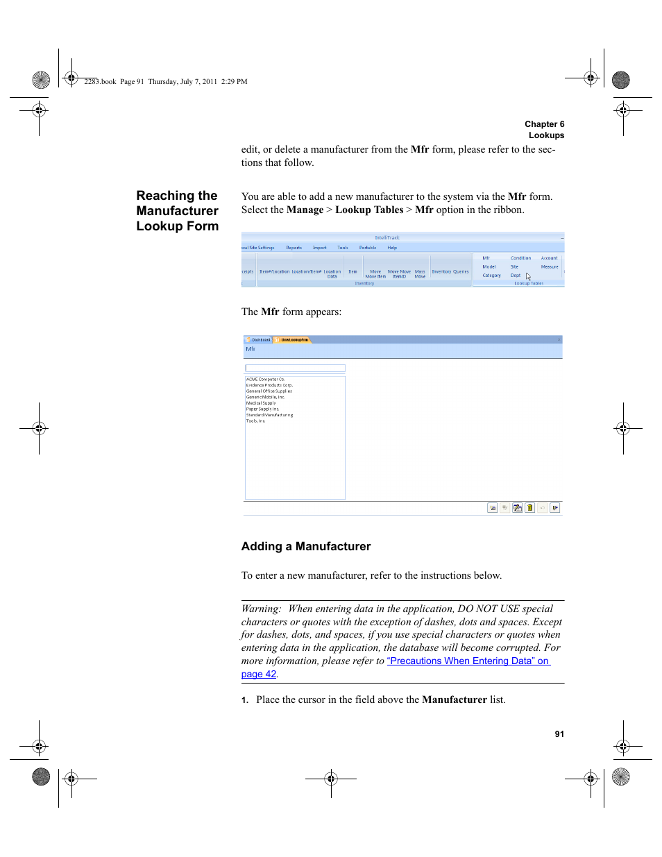 Reaching the manufacturer lookup form, Adding a manufacturer | IntelliTrack Check In/Out User Manual | Page 121 / 564