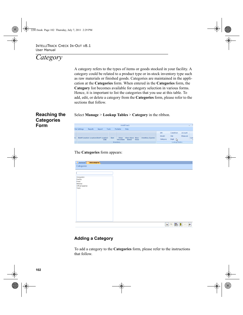 Category, Reaching the categories form, Adding a category | Ease see | IntelliTrack Check In/Out User Manual | Page 132 / 564