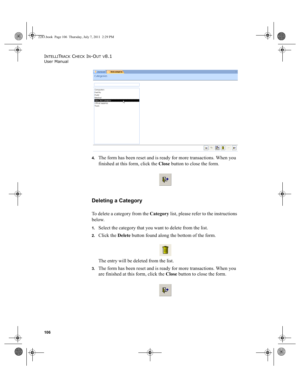 Deleting a category | IntelliTrack Check In/Out User Manual | Page 136 / 564