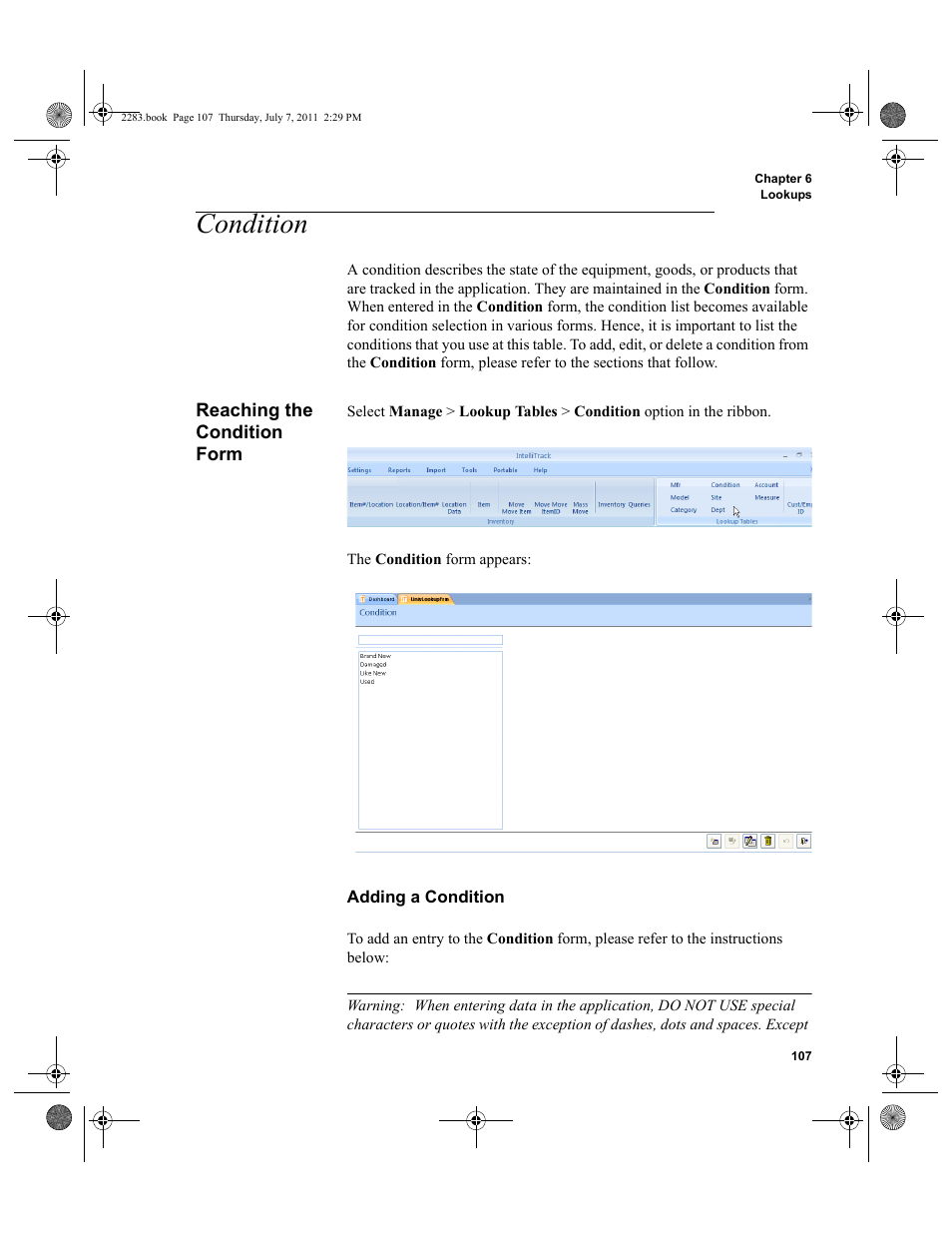 Condition, Reaching the condition form, Adding a condition | IntelliTrack Check In/Out User Manual | Page 137 / 564