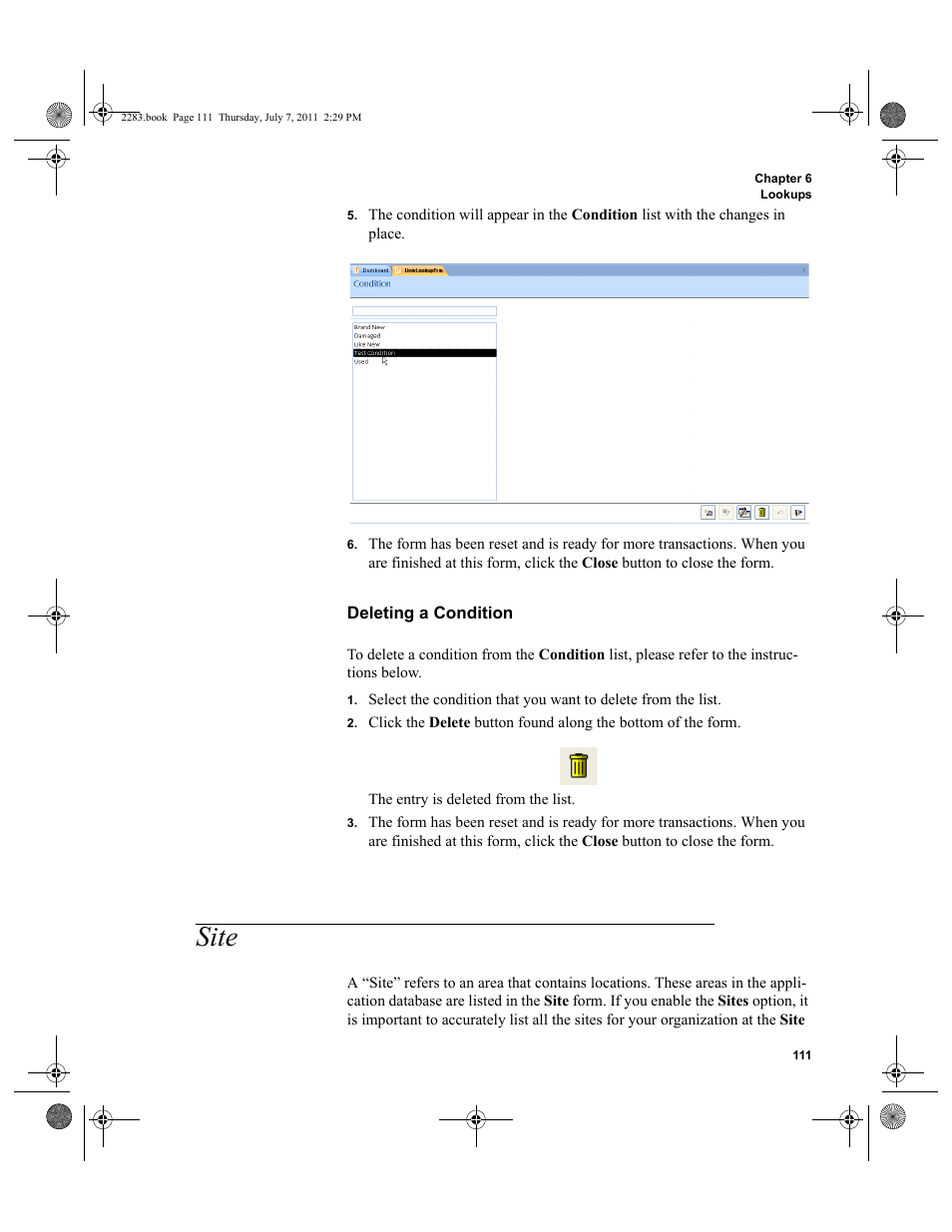 Site, Deleting a condition | IntelliTrack Check In/Out User Manual | Page 141 / 564