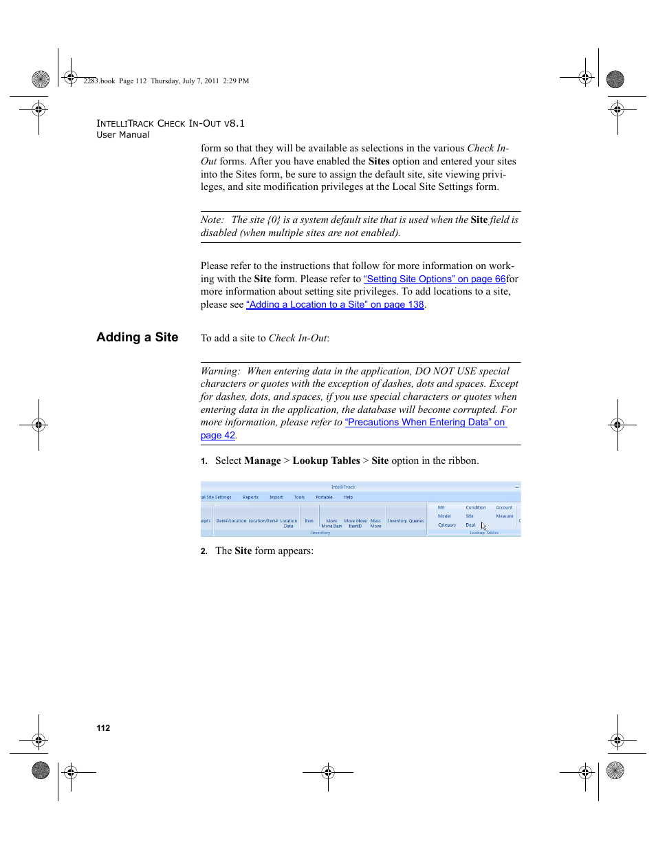 Adding a site | IntelliTrack Check In/Out User Manual | Page 142 / 564