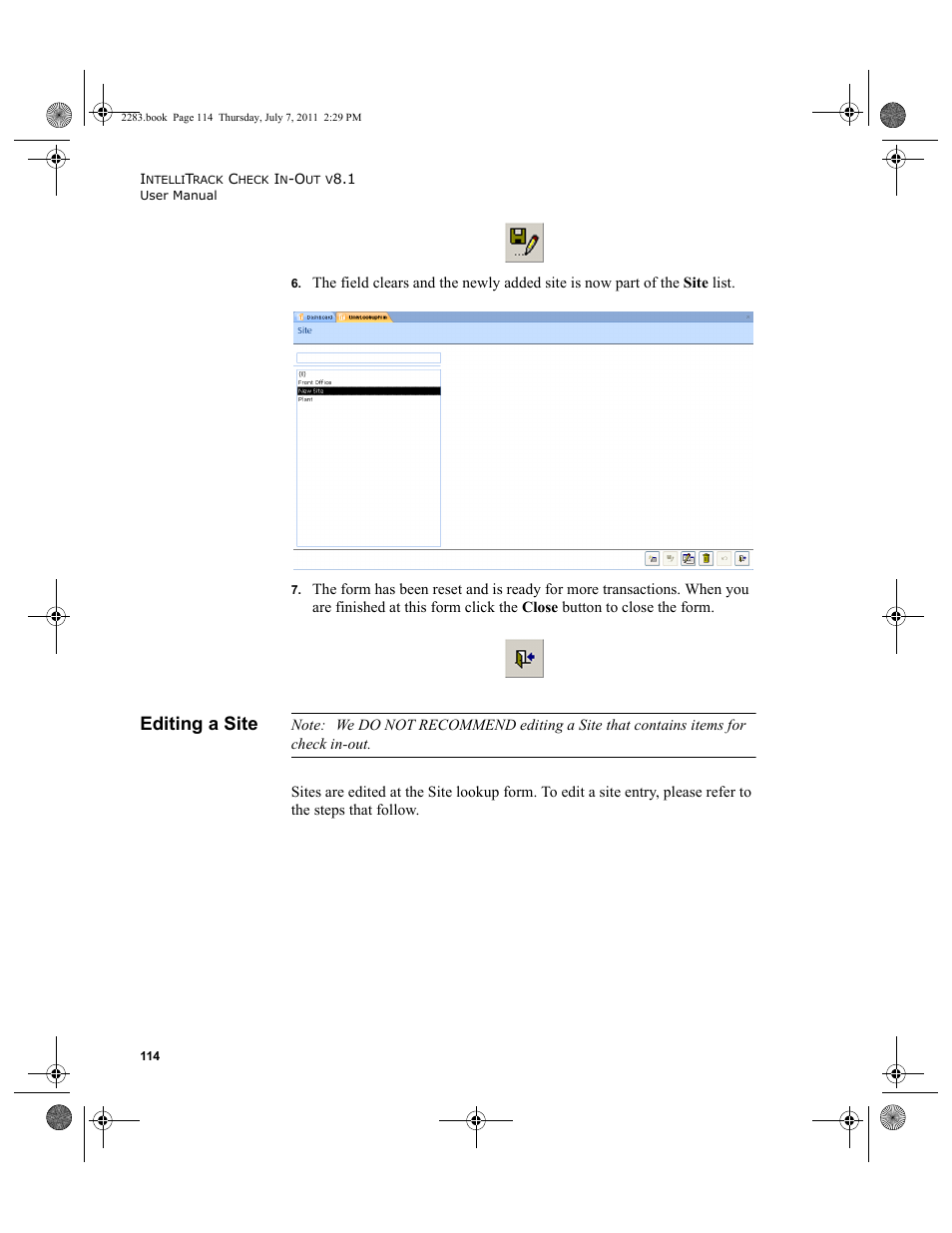 Editing a site | IntelliTrack Check In/Out User Manual | Page 144 / 564