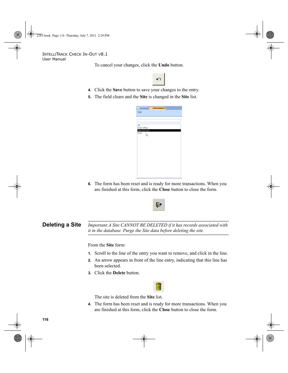 Deleting a site | IntelliTrack Check In/Out User Manual | Page 146 / 564