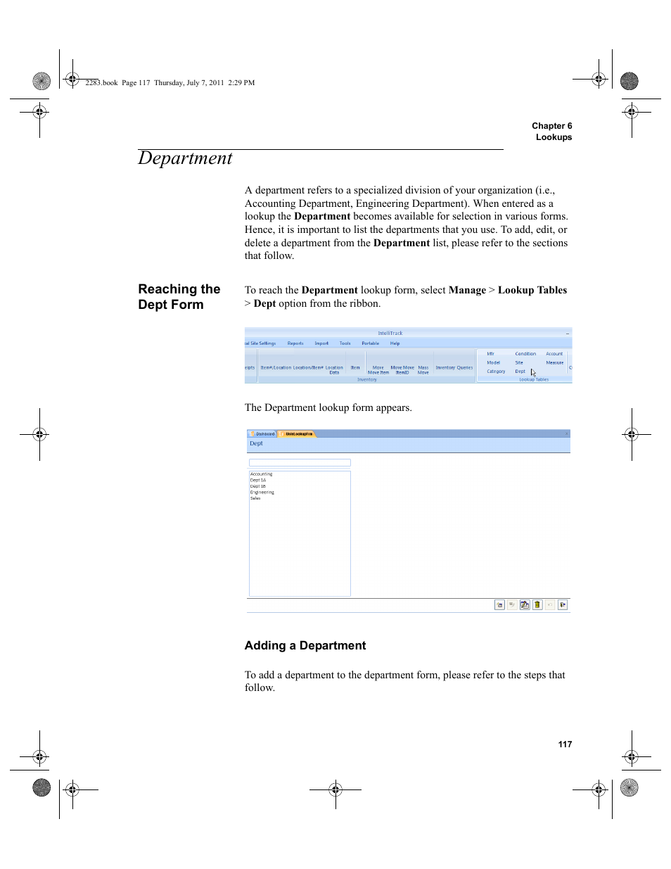 Department, Reaching the dept form, Adding a department | IntelliTrack Check In/Out User Manual | Page 147 / 564