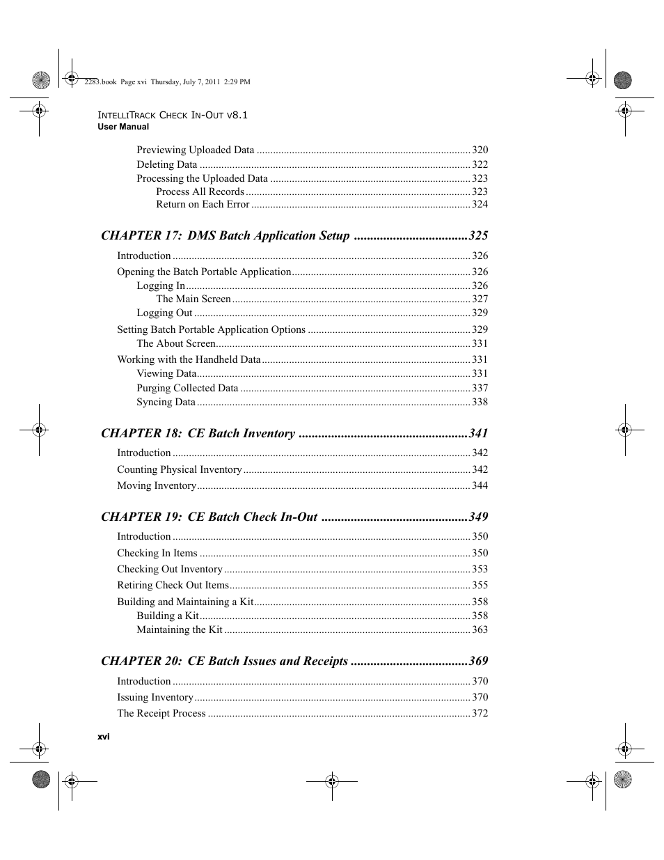 Chapter 17: dms batch application setup, Chapter 18: ce batch inventory, Chapter 19: ce batch check in-out | Chapter 20: ce batch issues and receipts | IntelliTrack Check In/Out User Manual | Page 16 / 564