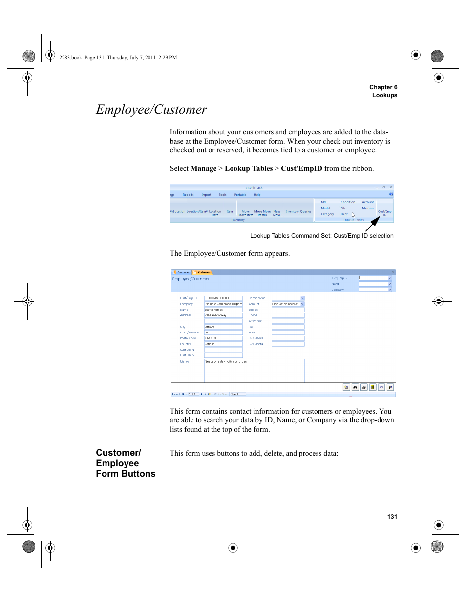 Employee/customer, Customer/ employee form buttons, Customer/employee form buttons | Employee/customer: please see | IntelliTrack Check In/Out User Manual | Page 161 / 564