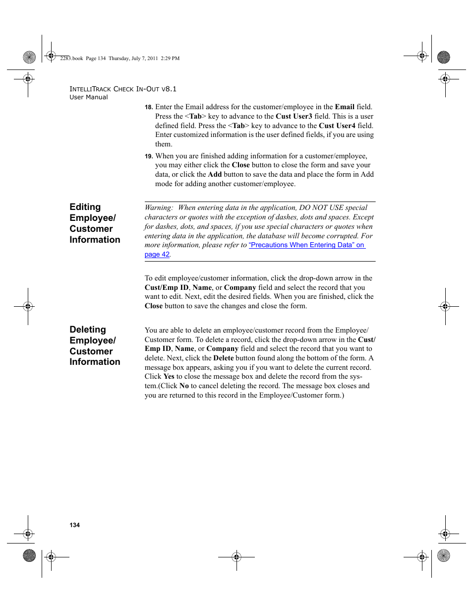 Editing employee/ customer information, Deleting employee/ customer information | IntelliTrack Check In/Out User Manual | Page 164 / 564