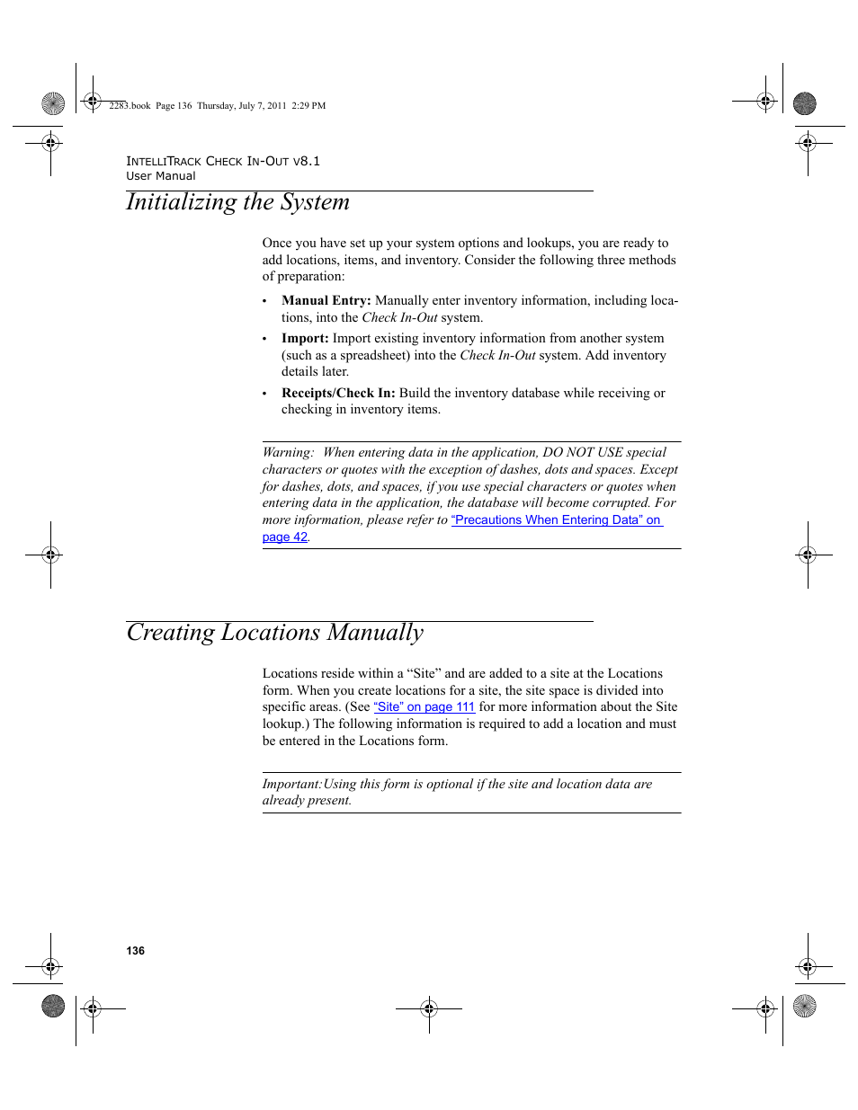 Initializing the system, Creating locations manually | IntelliTrack Check In/Out User Manual | Page 166 / 564