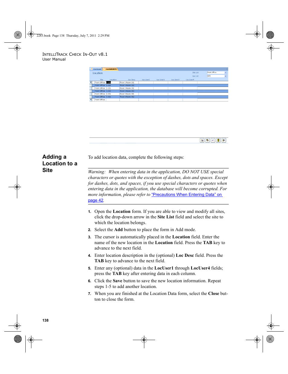 Adding a location to a site | IntelliTrack Check In/Out User Manual | Page 168 / 564