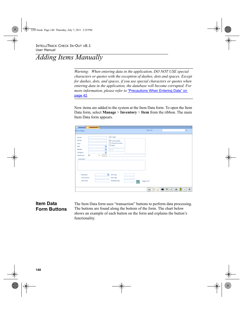 Adding items manually, Item data form buttons | IntelliTrack Check In/Out User Manual | Page 170 / 564