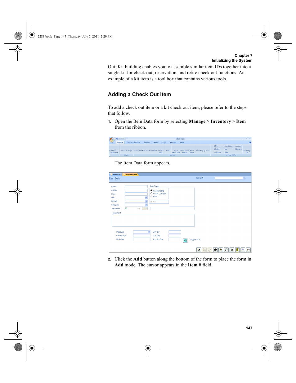 Adding a check out item | IntelliTrack Check In/Out User Manual | Page 177 / 564