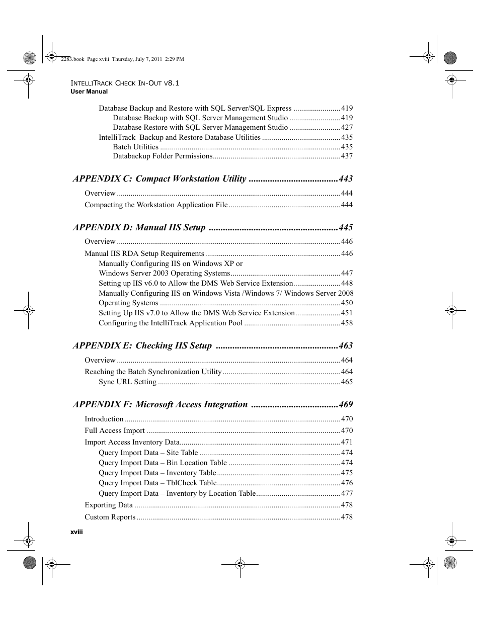 Appendix c: compact workstation utility, Appendix d: manual iis setup, Appendix e: checking iis setup | Appendix f: microsoft access integration | IntelliTrack Check In/Out User Manual | Page 18 / 564